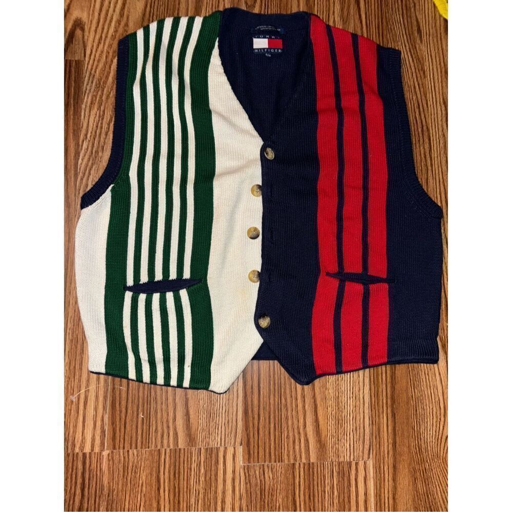 Vintage 90s Tommy Hilfiger Colorblock Striped Knit Sweater Vest Flag Logo Preppy